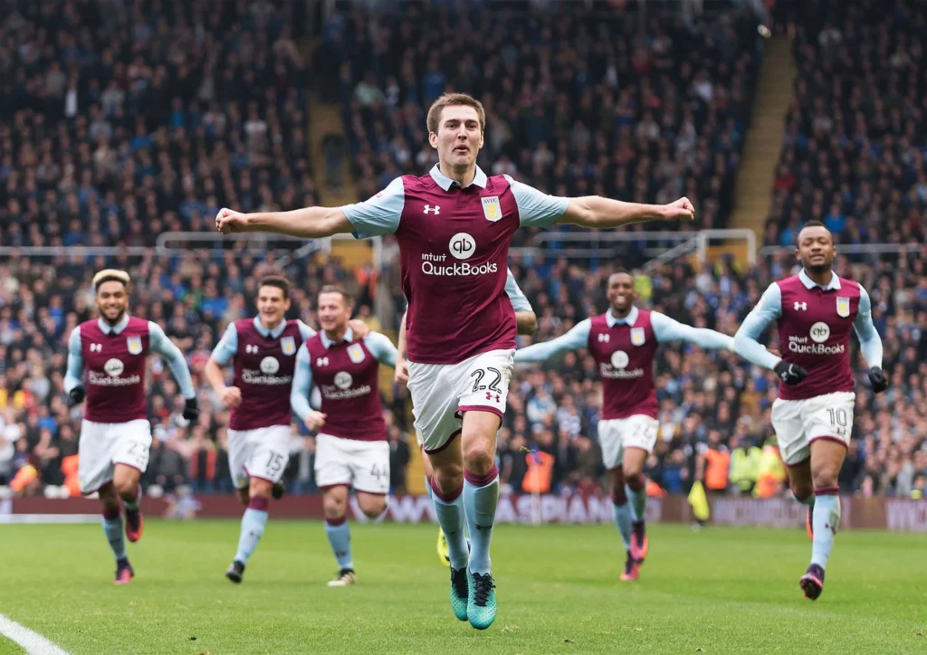 Aston Villa players celebrating a goal during a match.