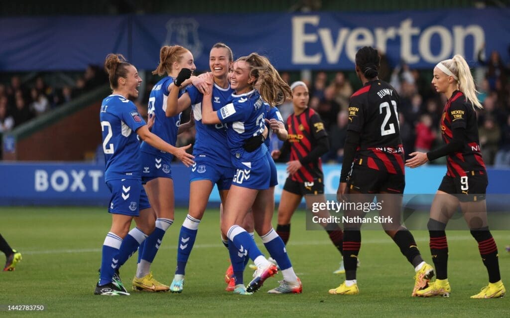 LIVERPOOL, ENGLAND - NOVEMBER 19: Rikke Sevecke of Everton celebrates after she scores their first goal during the FA Women's Super League match between Everton FC and Manchester City at Walton Hall Park on November 19, 2022 in Liverpool, England. (Photo by Nathan Stirk/Getty Images)