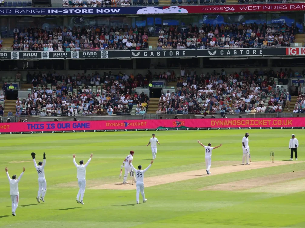 Cricket team celebrating a wicket at a packed stadium.
