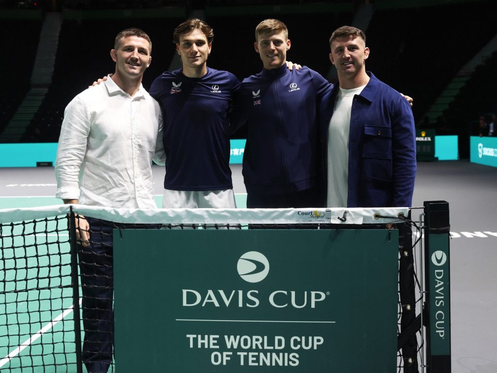 Ben Curry and Tom Curry, Sale Sharks Rugby Players, and Billy Harris and Jack Draper of Great Britain pose for a photo prior to the Group Stage tie between Great Britain and Argentina in the Davis Cup Finals at AO Arena on September 13, 2024 in Manchester, England