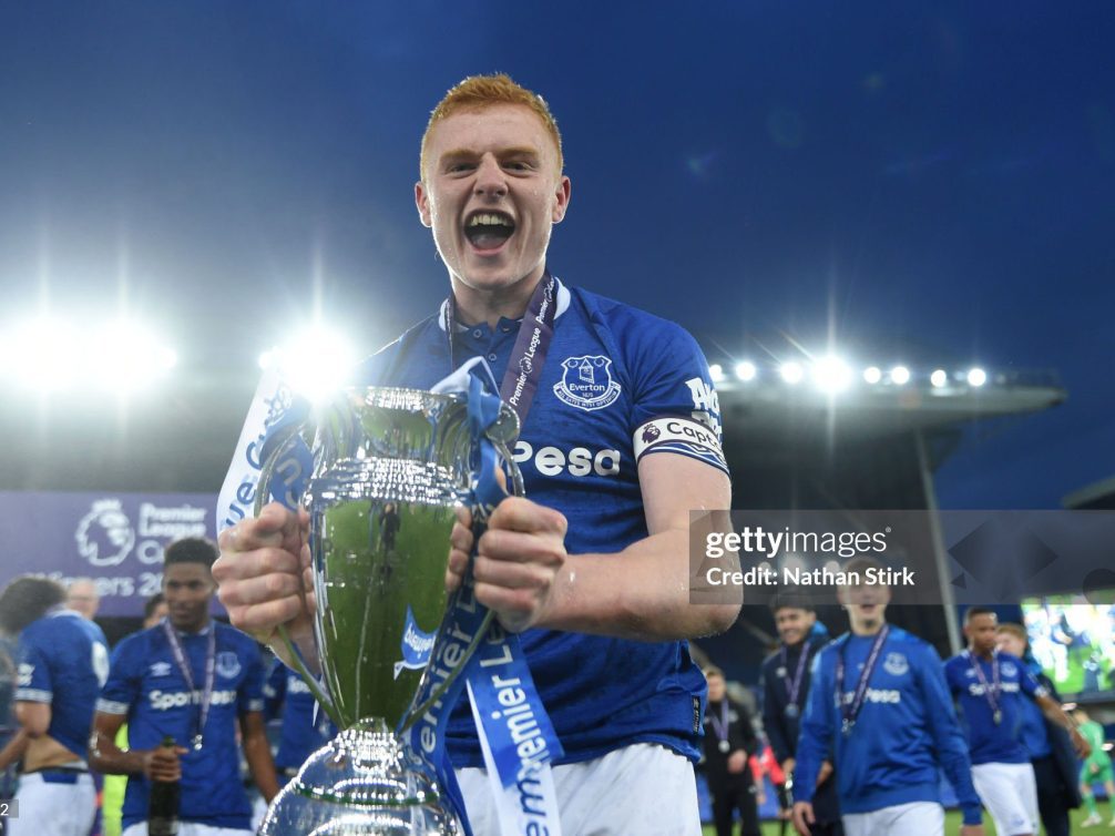 LIVERPOOL, ENGLAND - MAY 08: Morgan Feeney of Everton celebrates after they win the Premier League Cup Final match between Everton and Newcastle United at Goodison Park on May 08, 2019 in Liverpool, England. (Photo by Nathan Stirk/Getty Images)