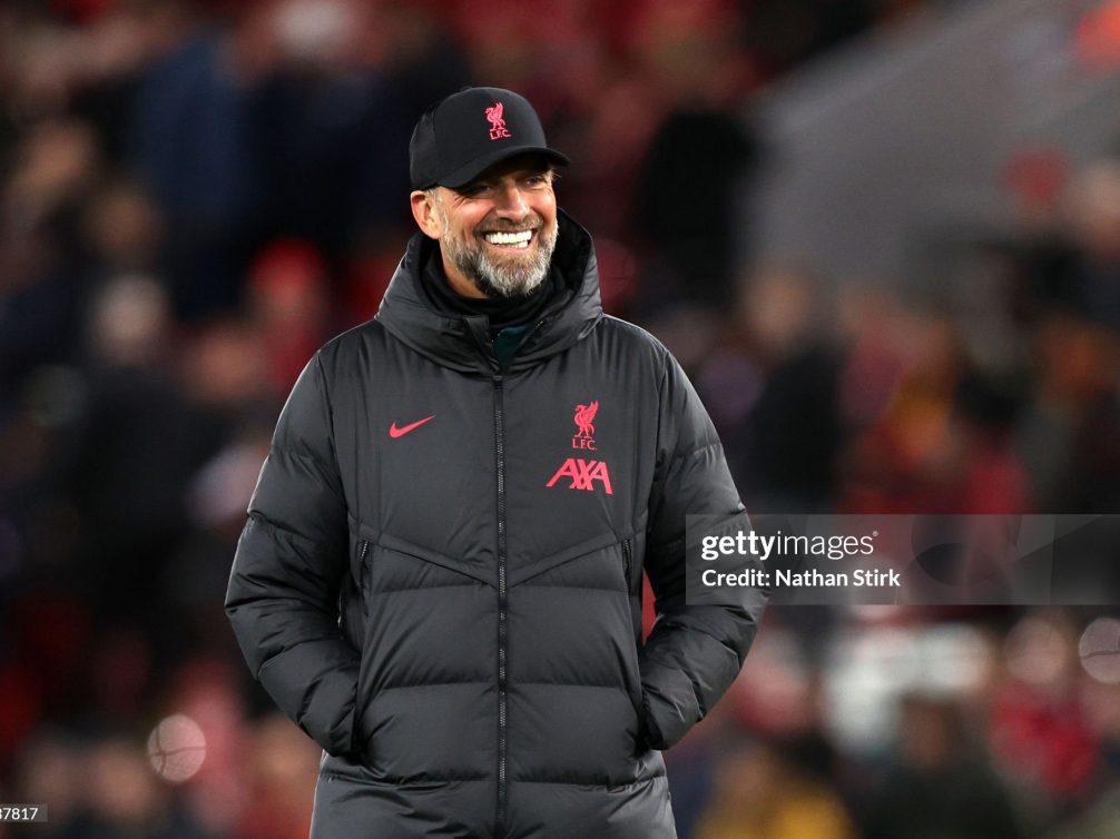 LIVERPOOL, ENGLAND - NOVEMBER 09: Jurgen Klopp, Manager of Liverpool reacts prior to the Carabao Cup Third Round match between Liverpool and Derby County at Anfield on November 09, 2022 in Liverpool, England. (Photo by Nathan Stirk/Getty Images)