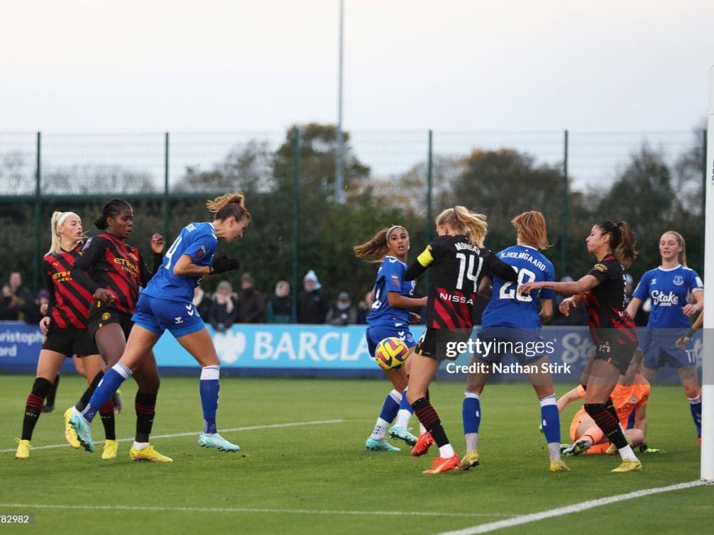 LIVERPOOL, ENGLAND - NOVEMBER 19: Rikke Sevecke of Everton score their first goal during the FA Women's Super League match between Everton FC and Manchester City at Walton Hall Park on November 19, 2022 in Liverpool, England. (Photo by Nathan Stirk/Getty Images)